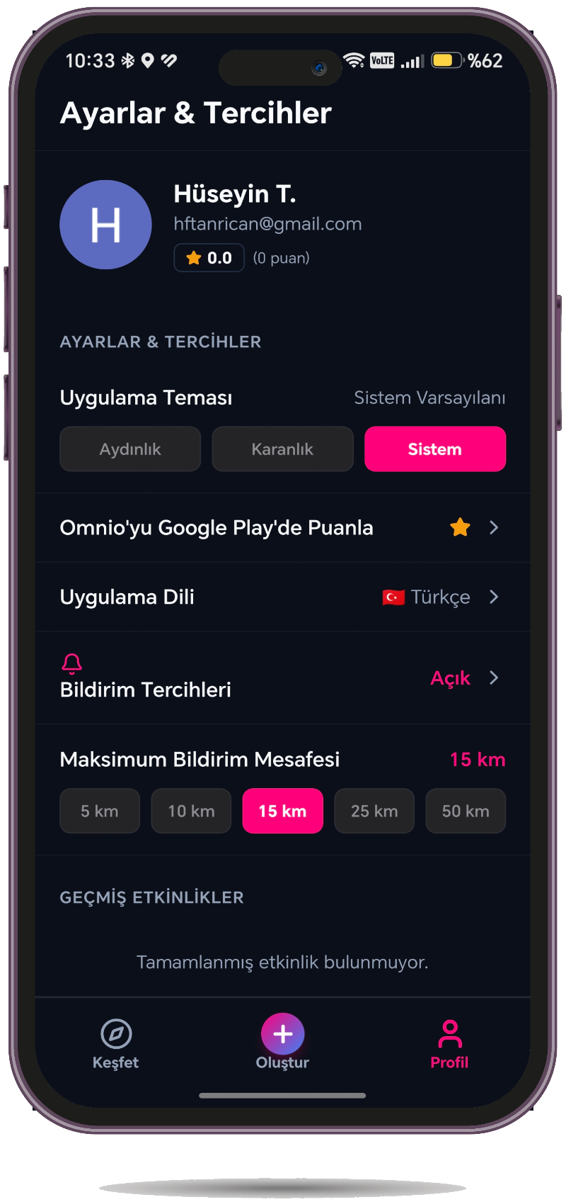 Omnio Koyu Tema Profil & Ayarlar